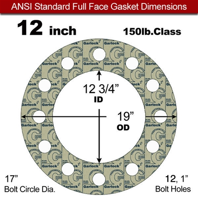 Garlock 3200 SBR Full Face Gasket - 150 Lb. - 1/16" Thick - 12" Pipe